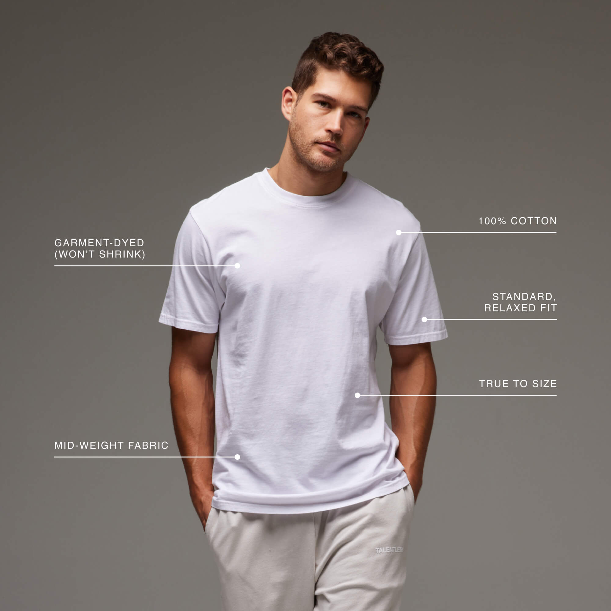 Model wearing the Mens Premium tee, showing the classic relaxed fit.