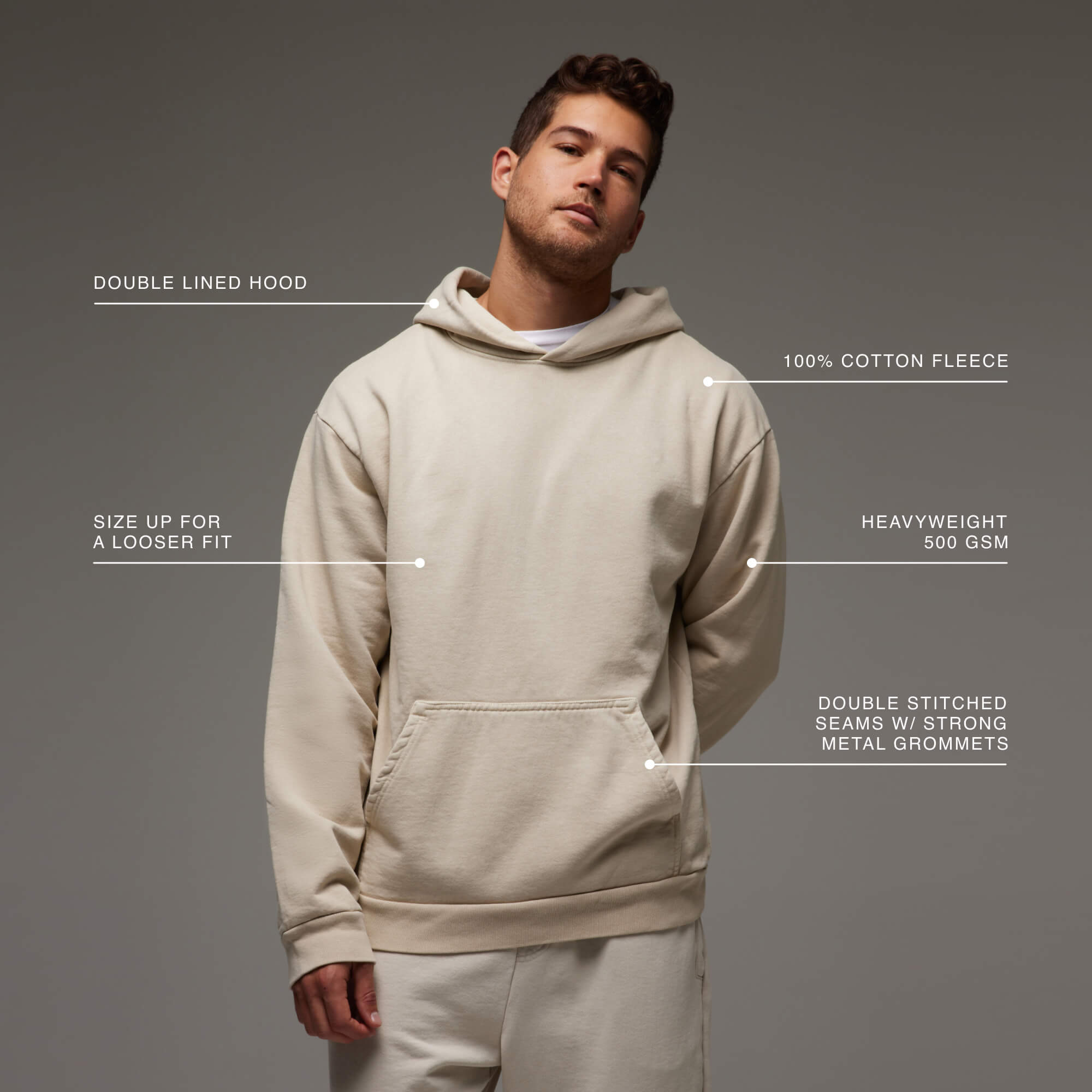 Model wearing the Mens Heavyweight Hoodie, showing the features of the high quality garment, such as: doubled stitched seams, doubled lined hood and heavyweight 500 GCM fabric.