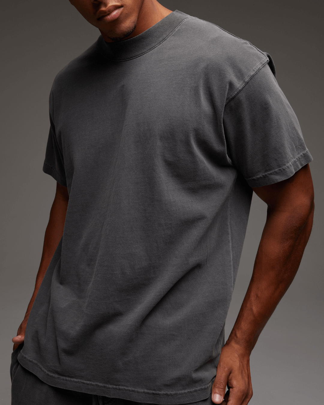 Men's Mock Neck Tee in Steel Grey.