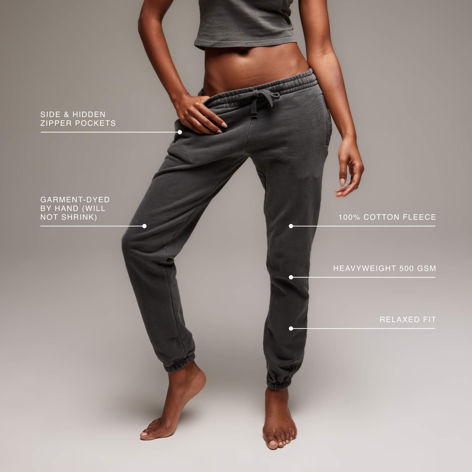 Model wearing the womens heavyweight sweatpants, showing features such as the side hidden zipper pockets, relaxed fit and heavyweight 500 GSM fabric.