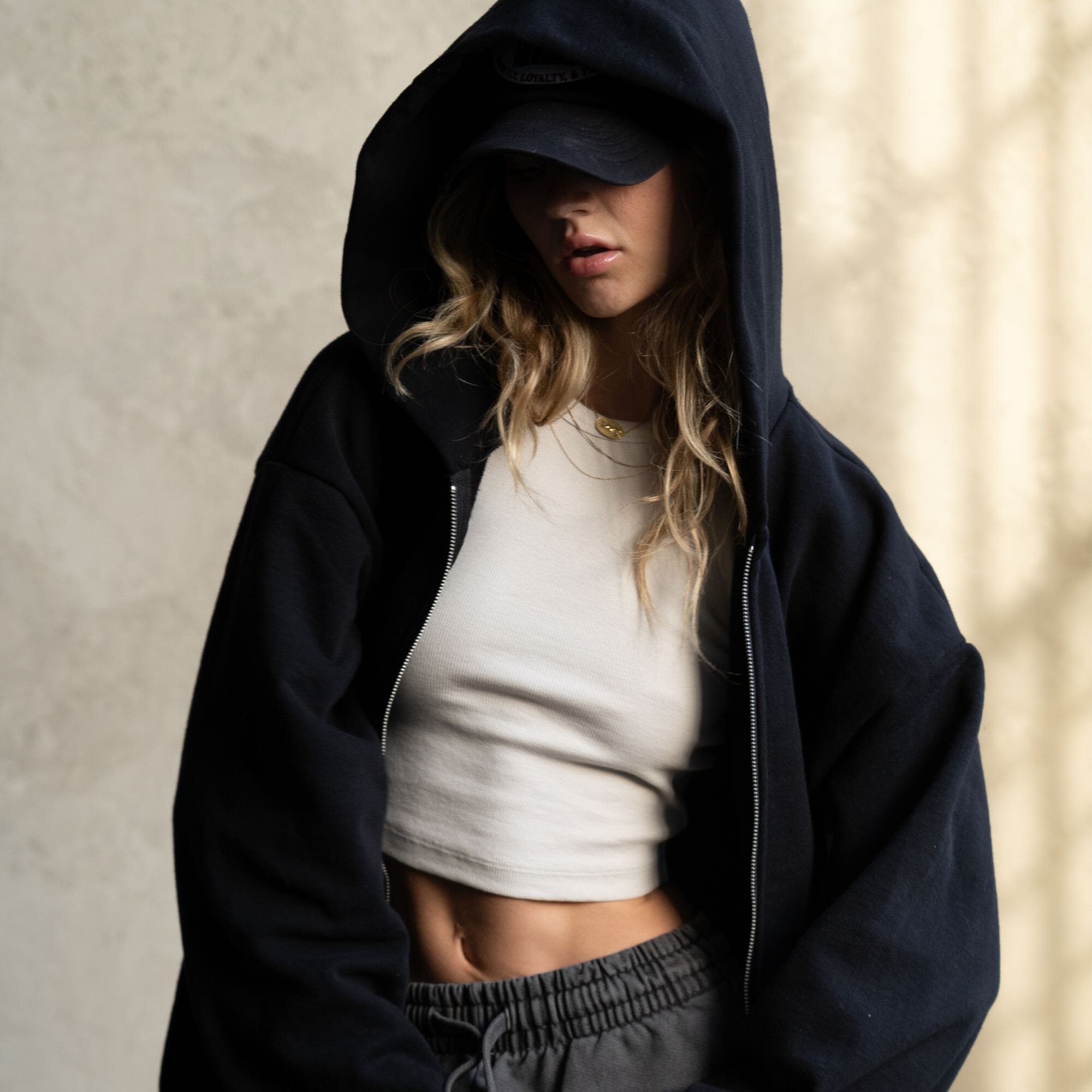 Off the shoulder zip up hoodie best sale